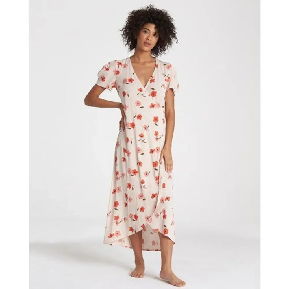 Billabong Floral Fields Midi Wrap Dress Cream‎ Red Pink Floral XS Spring Summer